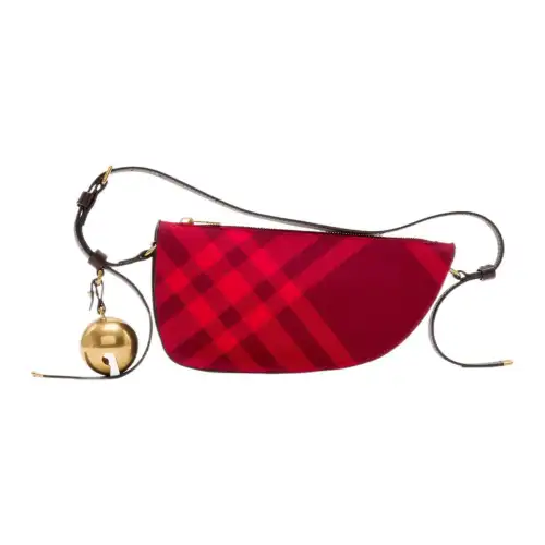 Burberry Zip Closure Jacquard Woven Plaid With Smooth Calfskin Handbag, Shoulder Bag Mini Women's Red