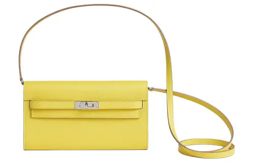 HERMES Kelly To Go Silver Tone Buckle Epsom Leather Crossbody Wallet Regular Women's 9R Lime Lemon