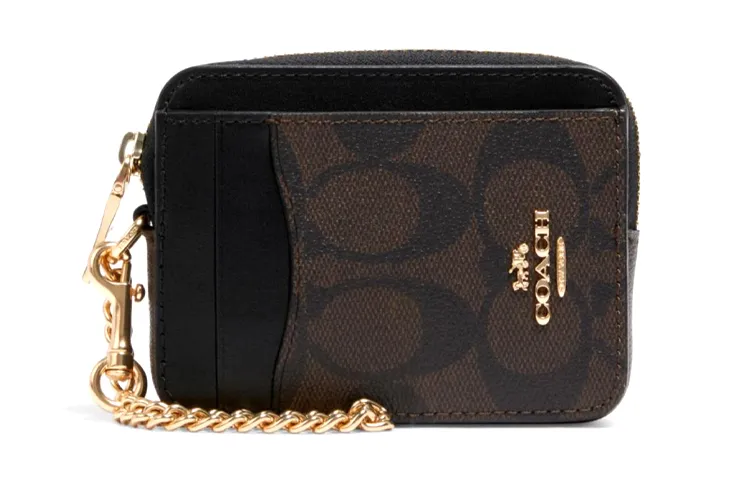 COACH Card Case Canvas With Leather Card Holders Women's Black Brown Monogram