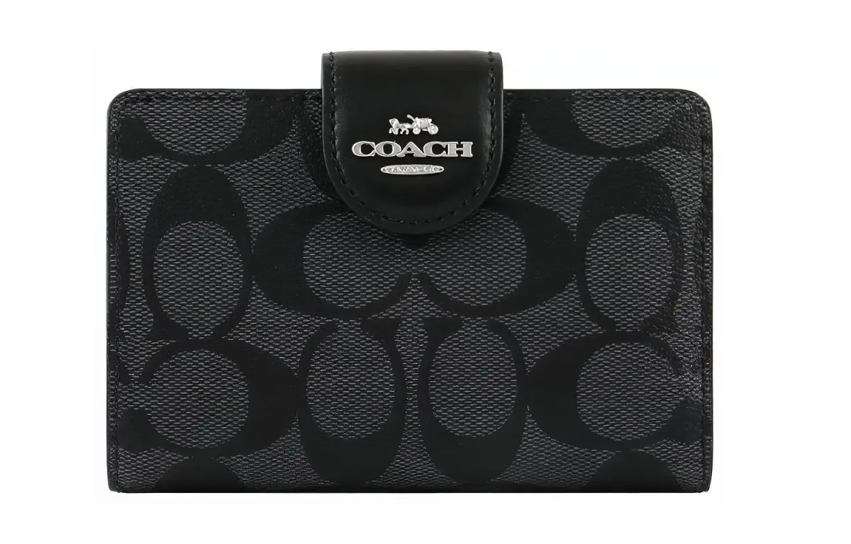 COACH Corner Zip PVC Wrist Bag Clutch Pochette Wallets Women's Charcoal Black