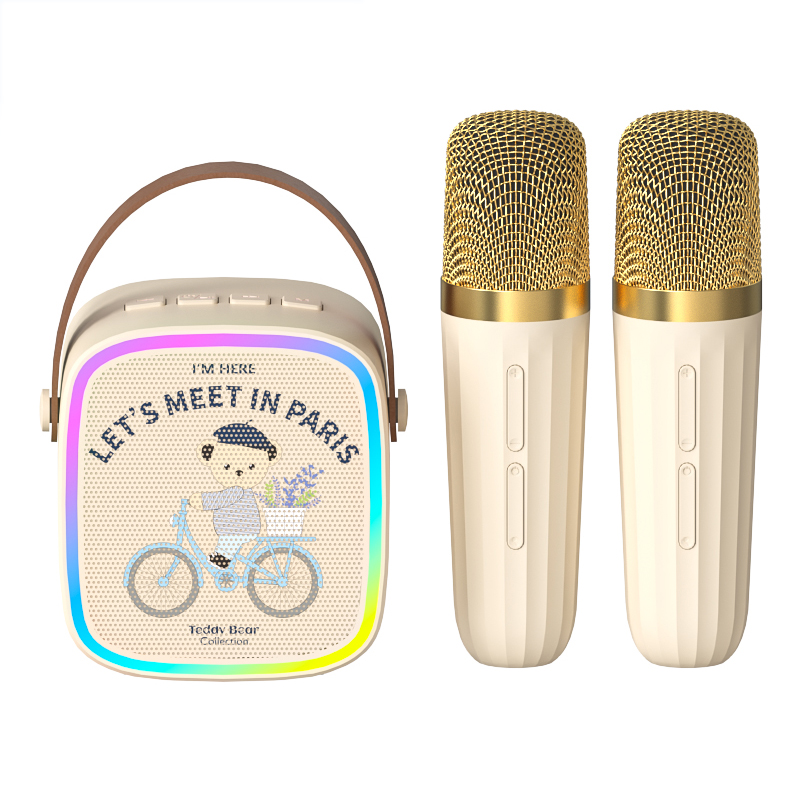 Teddy Collection Bluetooth Speaker MK02 360° panoramic stereo sound effect, built-in reverberation magic sound, RGB atmosphere light subwoofer, dual microphone interconnection, plug-in card, convenient outdoor karaoke for men and women, integrated speaker and microphone