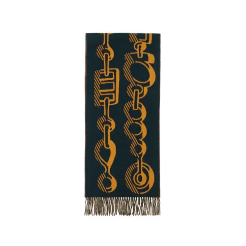 HERMES Cashmere Knit Scarves Women's Black Blue/Ochre Yellow
