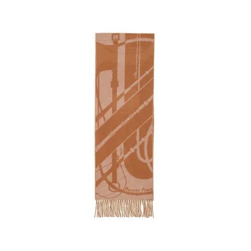 HERMES Cashmere Knit Scarves Unisex Camel