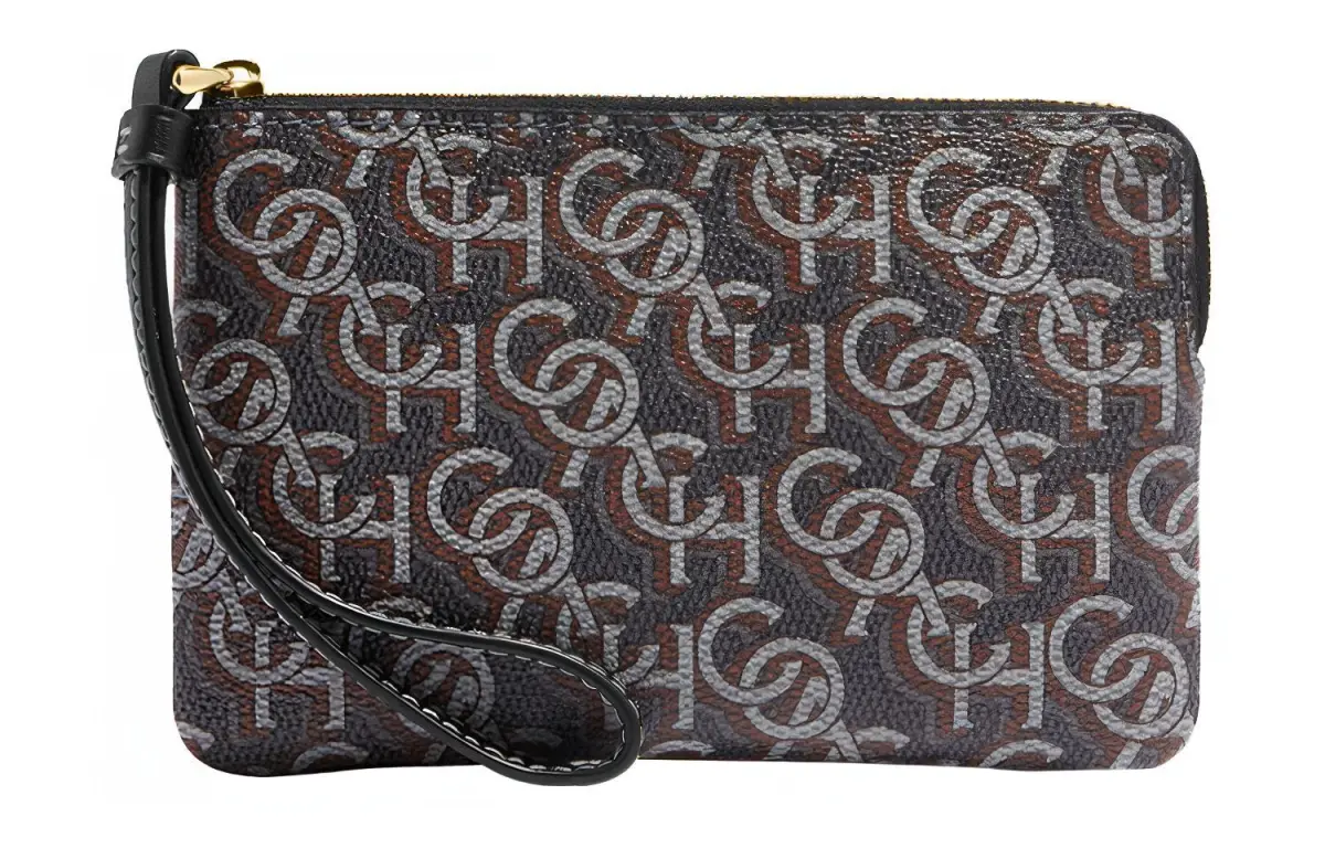 COACH Corner Zip Canvas With Leather Wrist Bag Clutch Small Women's Black