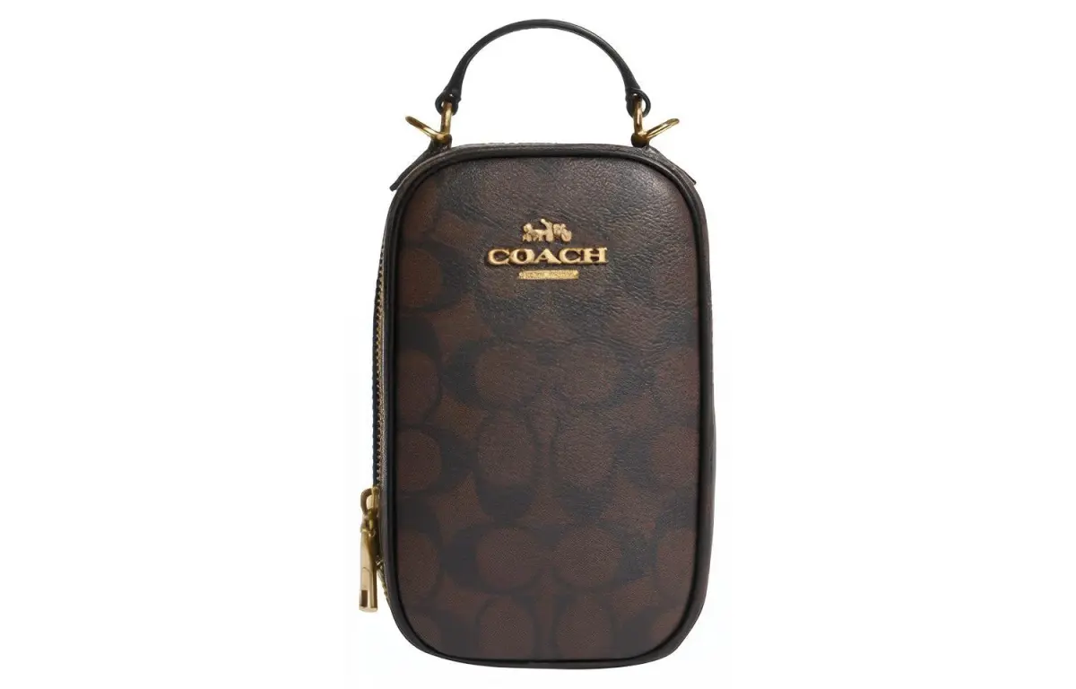 COACH Eva Artificial Leather Cell Phone Pouch, Handbag, Shoulder Bag, Crossbody Bag Mini Women's Brown & Black