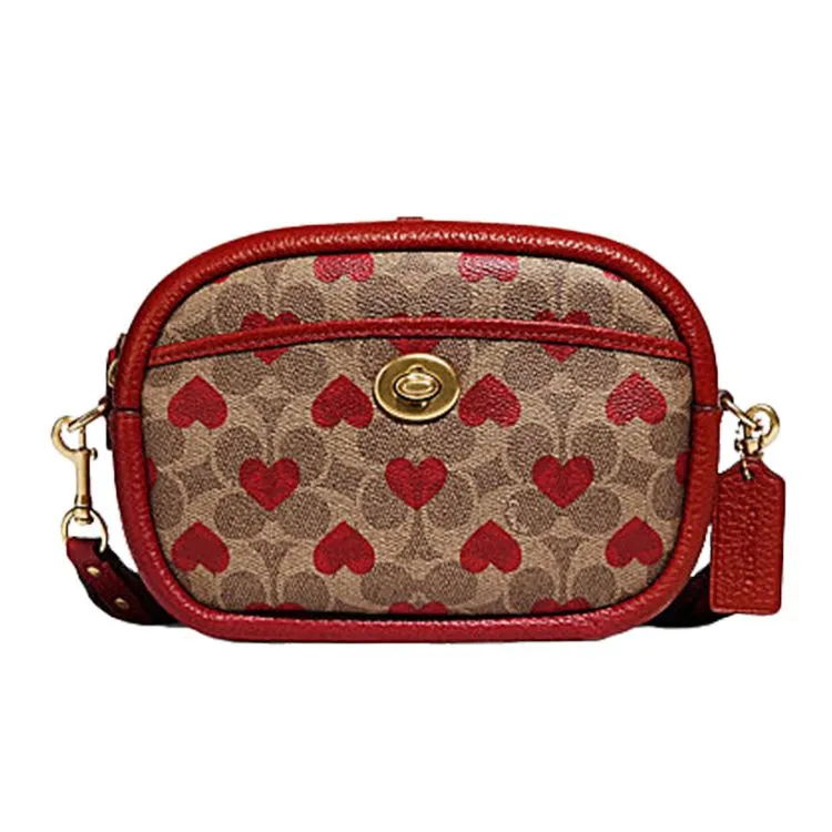 COACH Camera Canvas With Leather Camera Bag Crossbody Bags Medium Women's Brown & Red