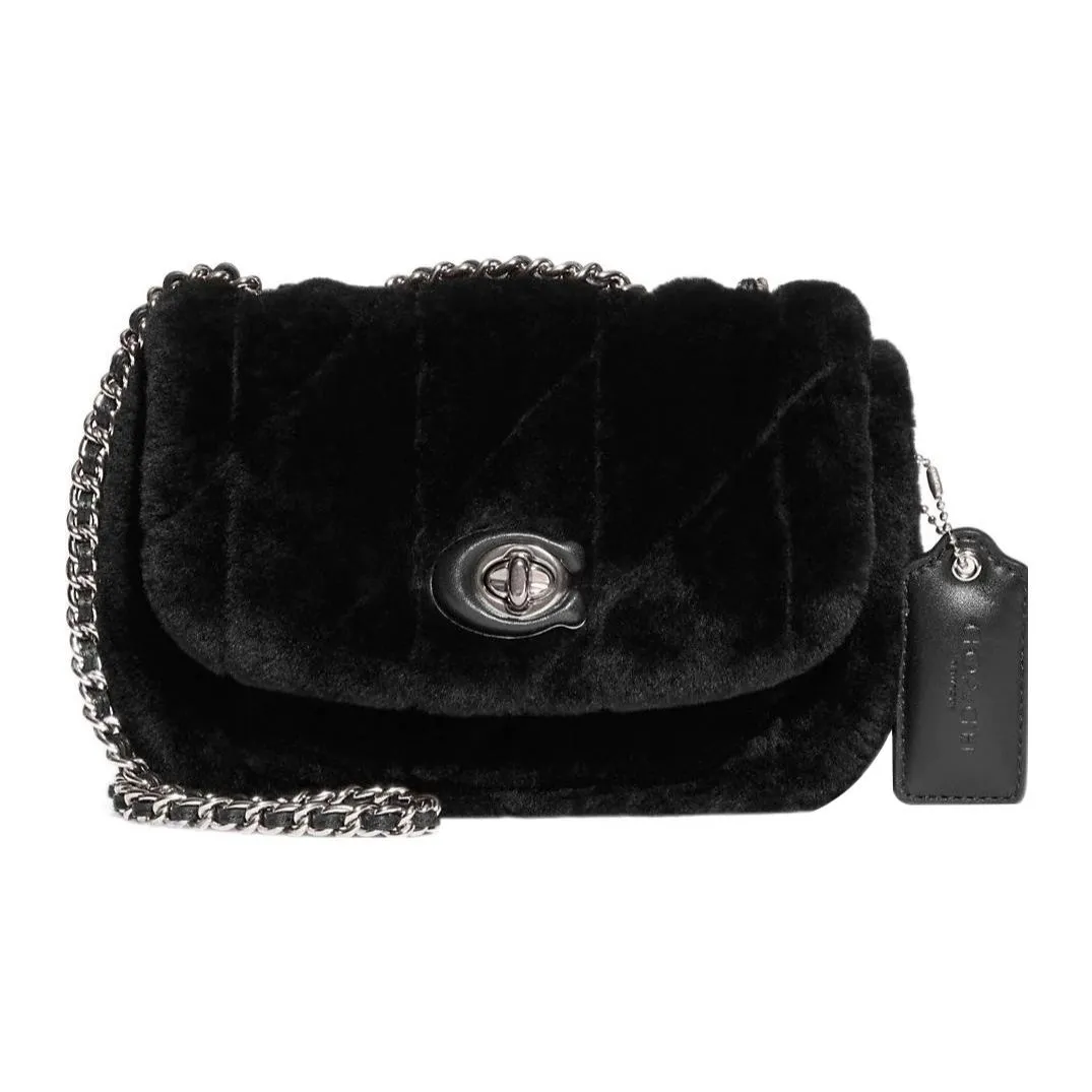 COACH Pillow Shearling With Smooth Leather Portable Crossbody Bag, Shoulder Bag Women's Black