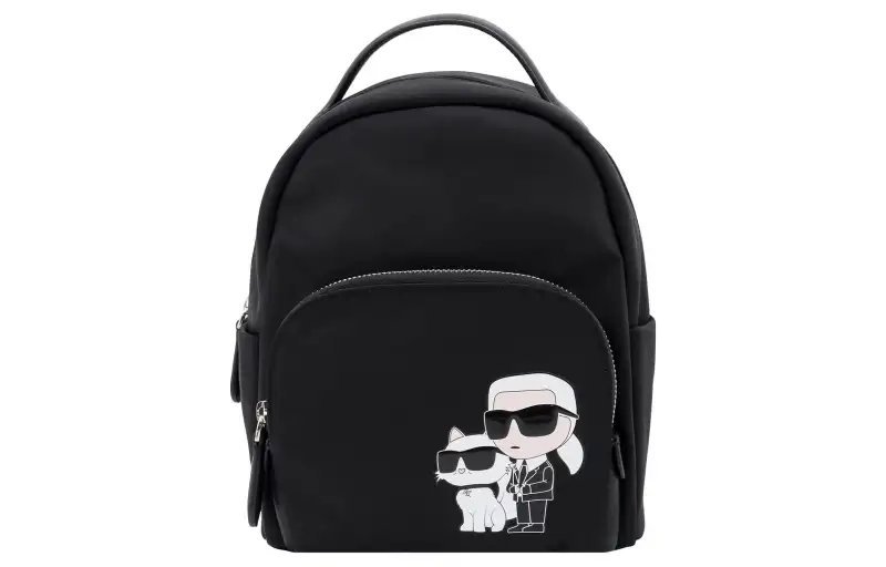 KARL LAGERFELD Solid Color Simple Logo Patch Zipper Closure Regenerated Nylon Backpack Women's Black