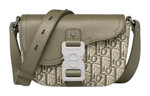 DIOR Saddle Fabric With Grain Cow Leather Saddle Bag One Shoulder Crossbody Clutch Mini Men's Khaki