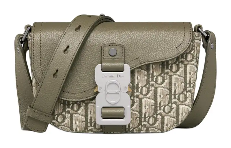DIOR Saddle Fabric With Grain Cow Leather Saddle Bag One Shoulder Crossbody Clutch Mini Men's Khaki