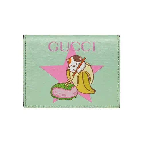 GUCCI Bananya Banana Meow, Collaboration Limited Edition Leather Wallet Women's Light Green
