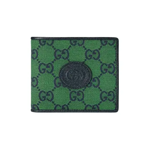 GUCCI Leather Logo Canvas With Leather Canvas Bag Wallet Men's Green & Dark Blue