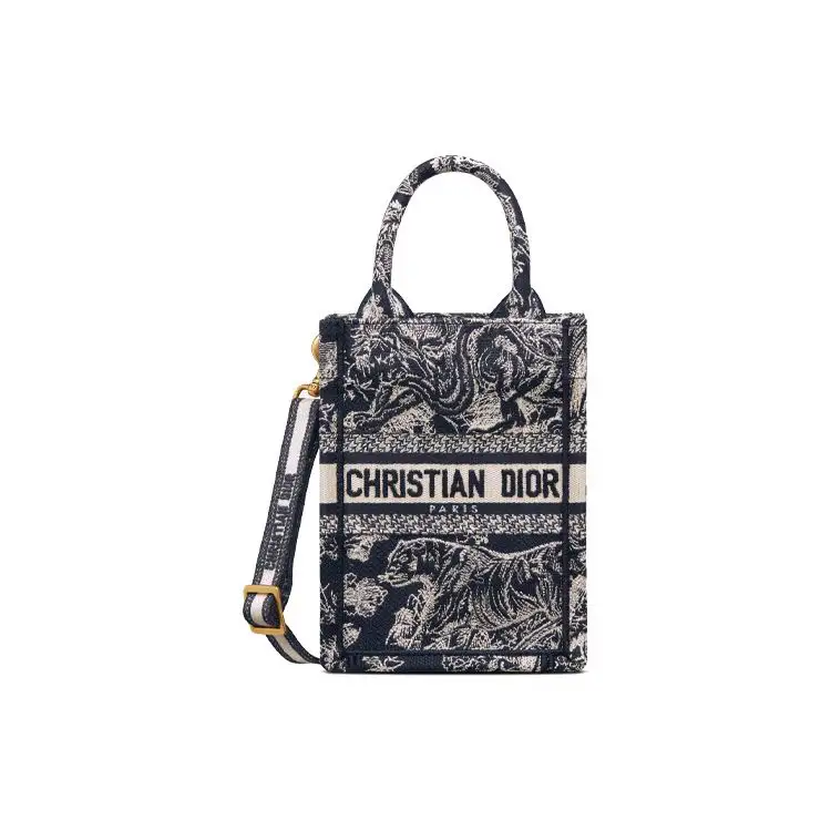 DIOR BookTote Embroidery Sheet Music Bag Smartphone Pocket Tote Bag Single Shoulder Crossbody Handbag Mini Women's Blue