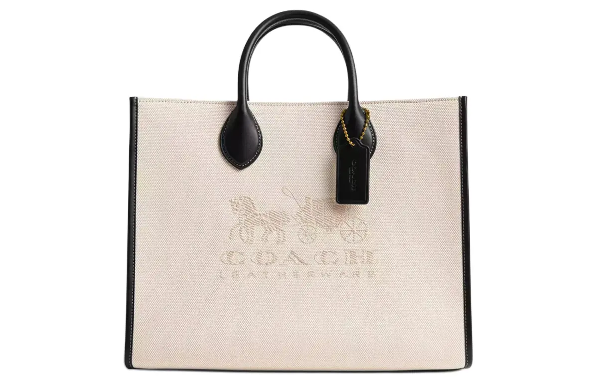 COACH Ace Canvas With Calfskin Tote Crossbody Handbag Large Women's Brass & Rock Salt & Black