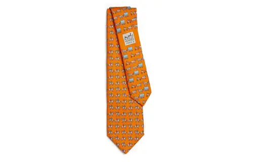 HERMES Printed Pattern Twillbi Silk Ties Men's Orange
