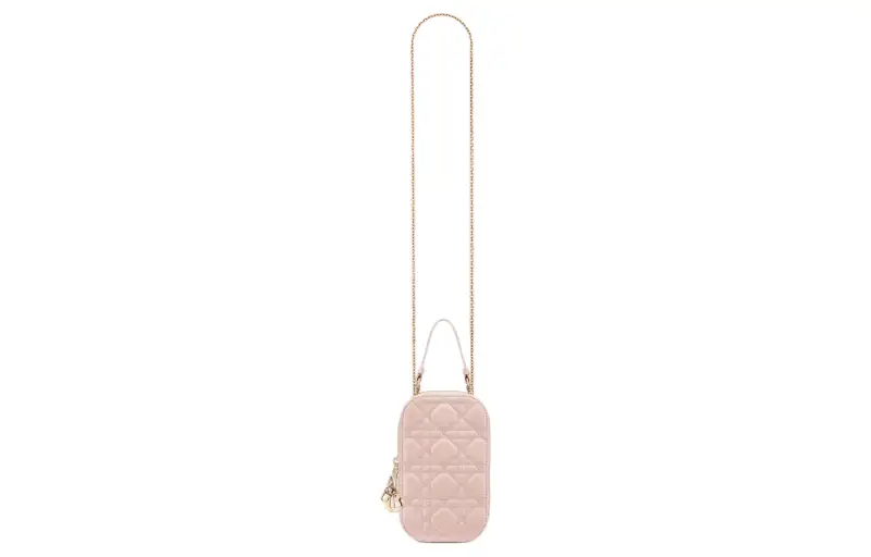 DIOR Lady Dior Lambskin Portable One Shoulder Crossbody Cell Phone Pouch Women's Light Pink