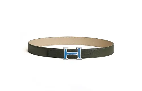 HERMES Multicolor Design, Smooth Buckle Leather Belts Men's Green Width 3.2CM