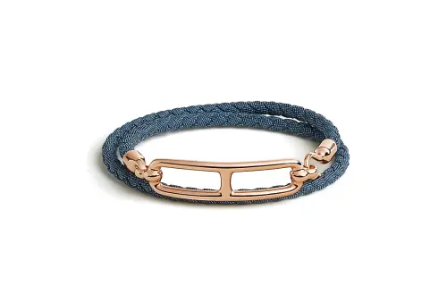 HERMES Roulis Denim, Leather, Rose Gold Plated Bracelets Women's Blue