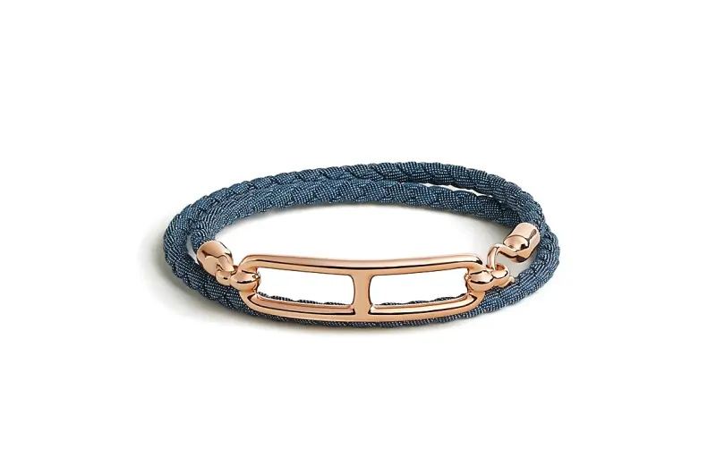 HERMES Roulis Denim, Leather, Rose Gold Plated Bracelets Women's Blue