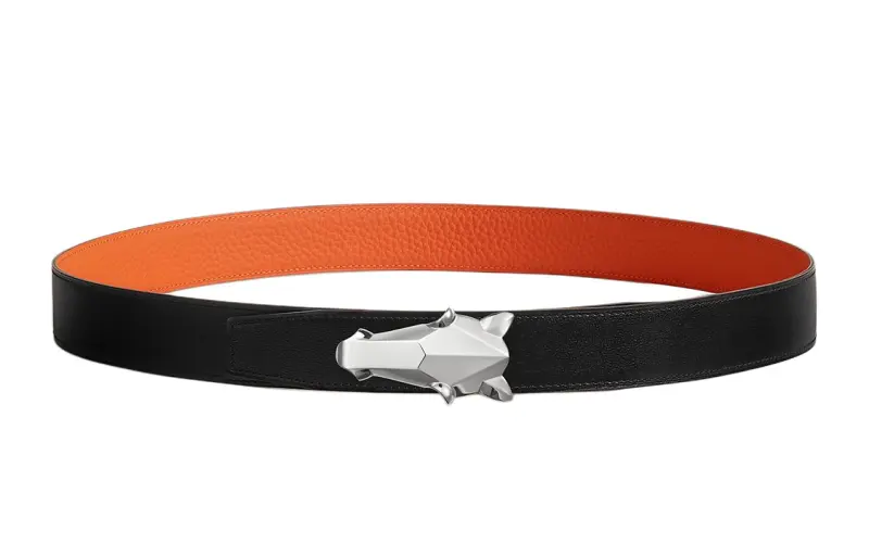 HERMES Destrier Stainless Steel Calfskin Leather Belts Men's Width 3.2cm