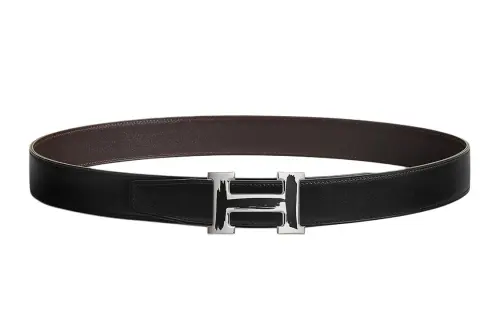 HERMES Palladium Plated Calfskin Leather Belts Men's Width 3.2cm
