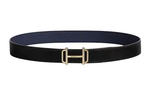 HERMES Double Sided Decoration Design Leather Belts Men's Black Width 3.2CM
