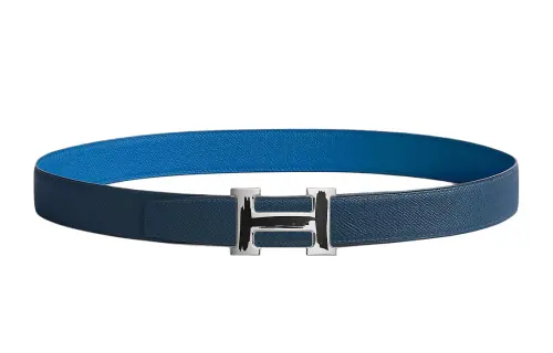 HERMES Palladium plated Metal Leather Belts Men's Width 3.2cm