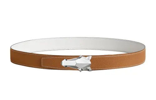 HERMES Destrier Stainless Steel Calfskin Leather Belts Men's Width 3.2cm