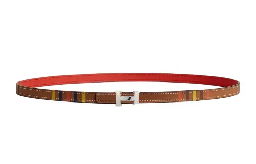 HERMES Stripes Pattern, Smooth Buckle Leather Belts Women's Brown/Red Width 1.3cm