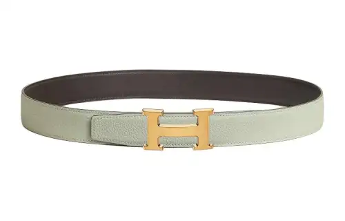 HERMES H Type Double Sided Smooth Buckle Leather Belts Men's Brown/Green Width 3.2CM