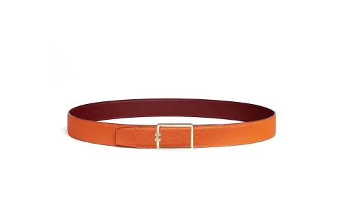 HERMES Double Sided Design, Smooth Buckle Leather Belts Men's Orange Width 3.2CM