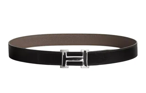 HERMES Palladium Plated Metal, Calfskin Leather Belts Men's Width 3.2cm