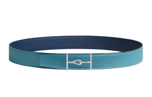 HERMES Double Sided Design Decoration, Smooth Buckle Leather Belts Men's Light Blue/Blue Width 3.2cm