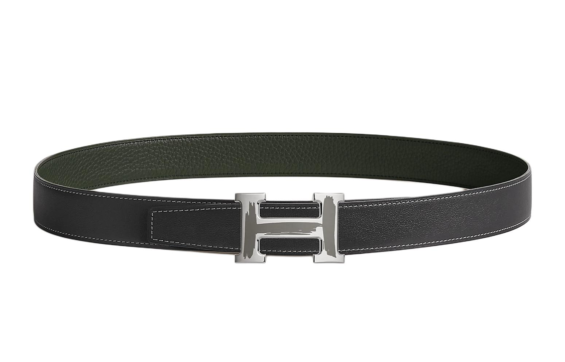 HERMES Palladium Plated Metal, Calfskin Leather Belts Men's Width 3.8cm