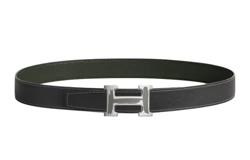 HERMES Palladium Plated Metal, Calfskin Leather Belts Men's Width 3.8cm