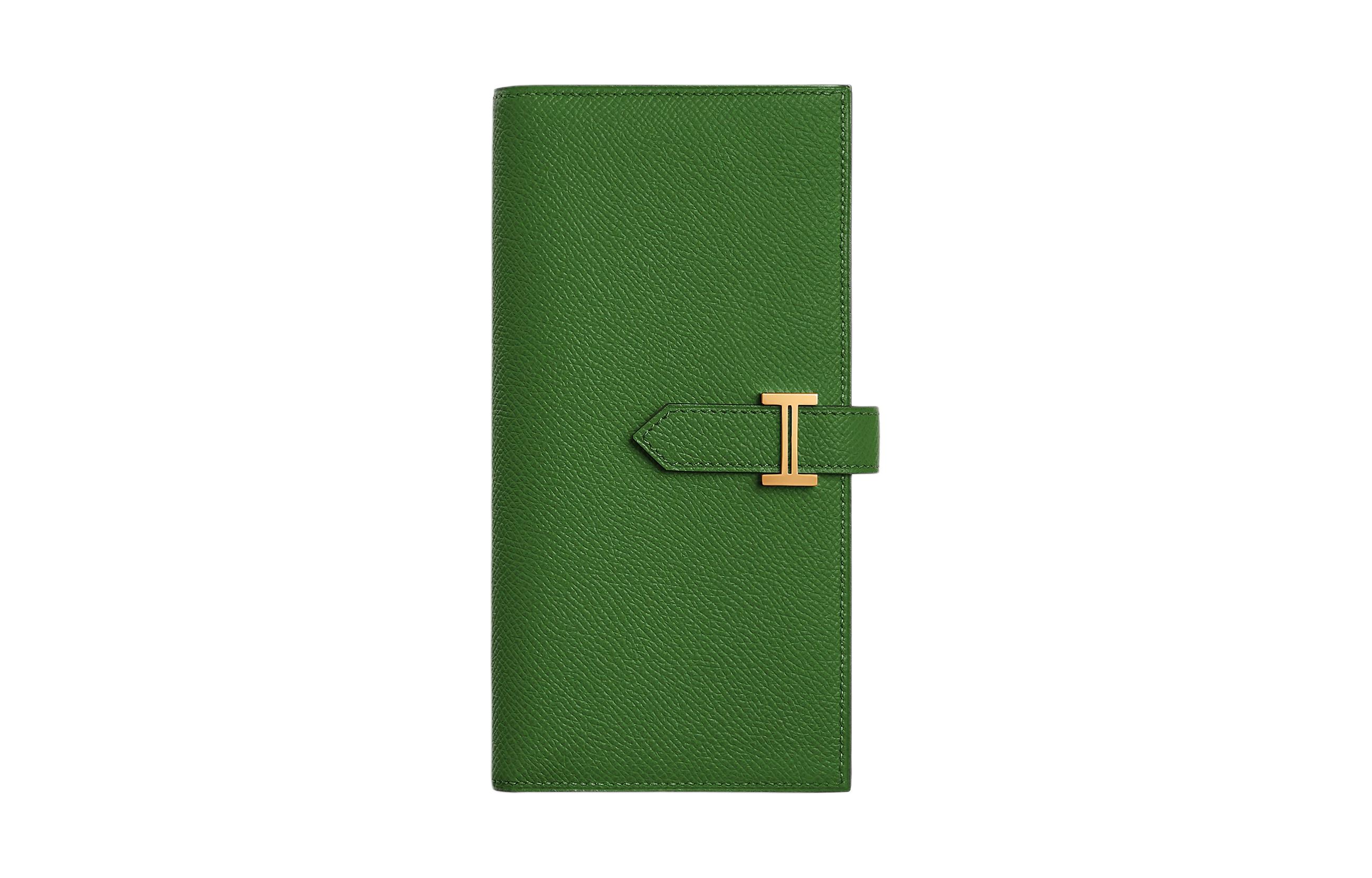 HERMES Bearn Gold tone Lock Epsom Calfskin Wallet Women's Silk Blue Green