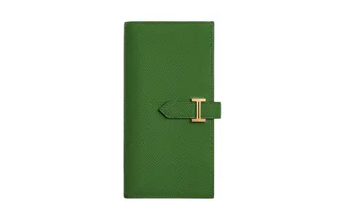 HERMES Bearn Gold tone Lock Epsom Calfskin Wallet Women's Silk Blue Green