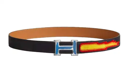 HERMES Palladium Plated Metal, Calfskin Leather Belts Men's Width 3.2cm