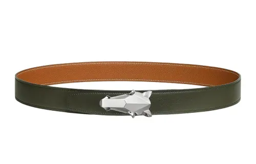 HERMES Horsehead Pattern With Buckle, Smooth Buckle Leather Belts Men's Green/Brown Width 3.2cm