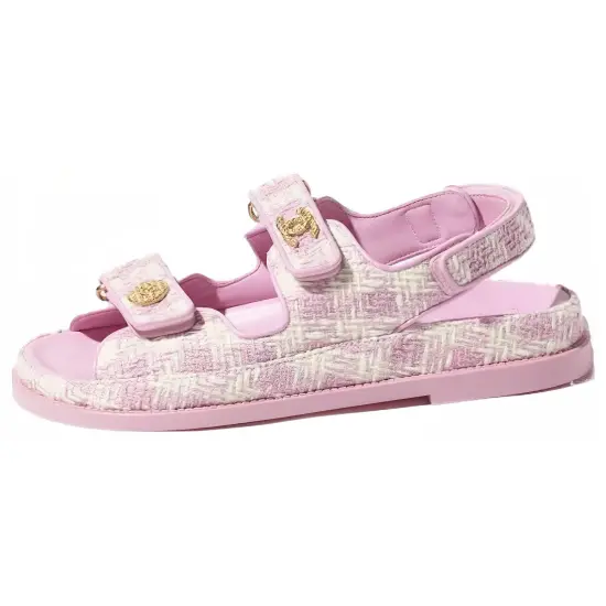 CHANEL Tweed Sandal Pink Ecru Cotton Women's