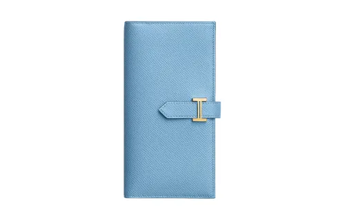 HERMES Bearn Gold tone Lock Epsom Calfskin Wallet Women's 7N Celeste Sky Blue