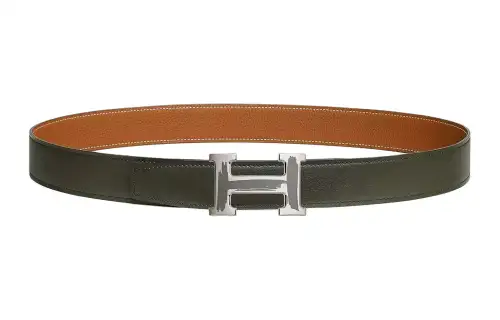 HERMES Palladium Plated Metal, Calfskin Leather Belts Men's Width 3.2cm
