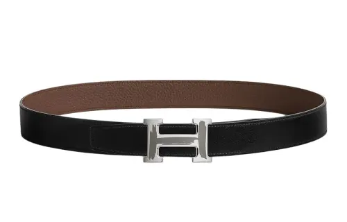 HERMES Palladium Plated Metal, Calfskin Leather Belts Men's Width 3.2cm