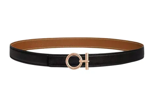 HERMES Pattern With Buckle Decoration, Smooth Buckle Leather Belts Women's Black/Brown Width 2.4cm