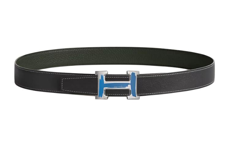 HERMES Lacquered Finish Brushed H Shaped Smooth Buckle Leather Belts Men's Green Width 3.2CM