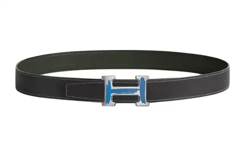 HERMES Lacquered Finish Brushed H Shaped Smooth Buckle Leather Belts Men's Green Width 3.2CM