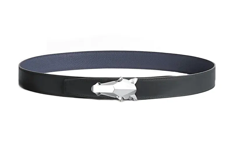 HERMES Destrier Stainless Steel Calfskin Leather Belts Men's Width 3.2cm