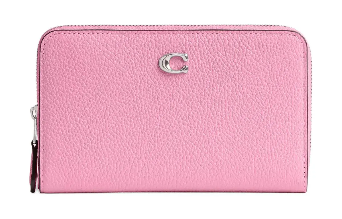 COACH Zip Around Polished Pebble Leather Wallet Women's Silver & Bright Pink