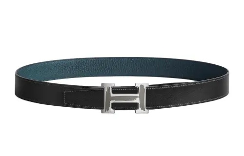 HERMES Palladium Plated Metal, Calfskin Leather Belts Men's Width 3.2cm