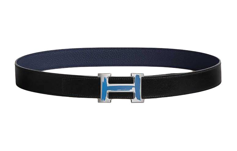 HERMES H Shaped Lacquered Finish Brushed Smooth Buckle Leather Belts Men's Black/Blue Width 3.2cm